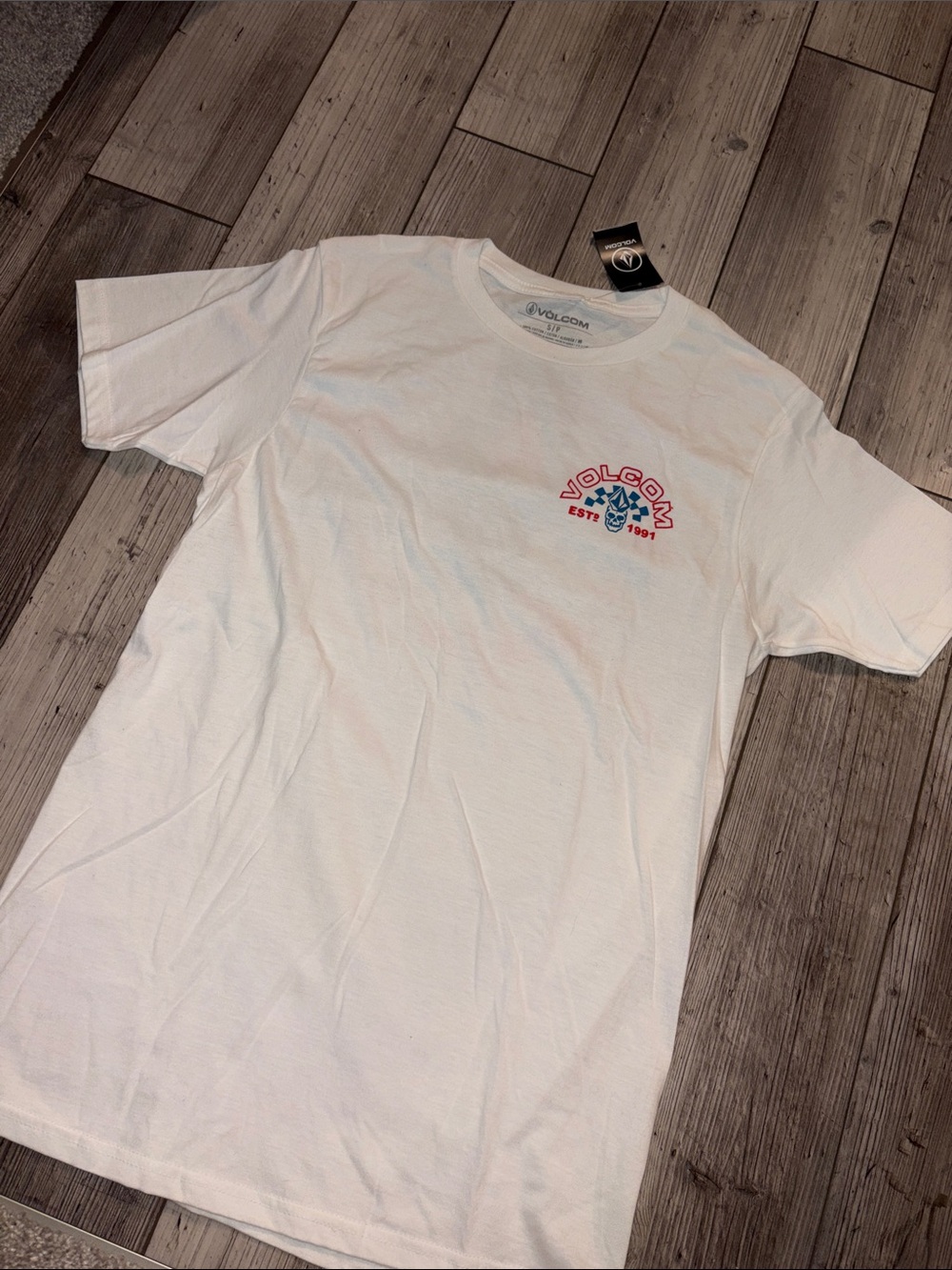 NWT Volcom White Short Sleeve Tee with Red & Blue Chest Graphic